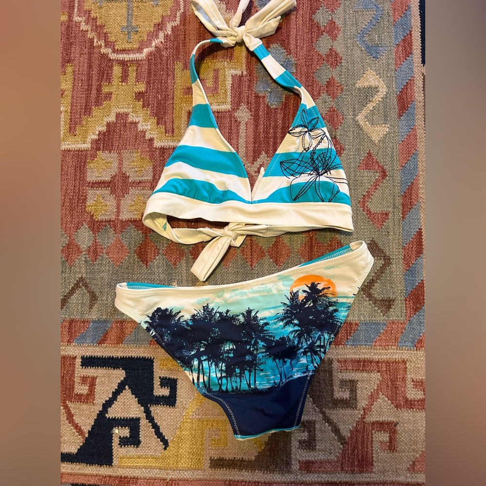 Blue and White Bikini Bikini Swimsuit Medium